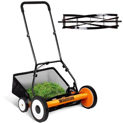 Walensee 20-Inch 5-Blade Push Reel Lawn Mower, Cordless Manual Reel Lawn Mower Walk-Behind Steel Lawn Mowers with Removable 11.8-Gallon Grass Catcher, Sponge Grip, 9-Position Cutting Height Adjustment - size: 20-Inch With Catcher