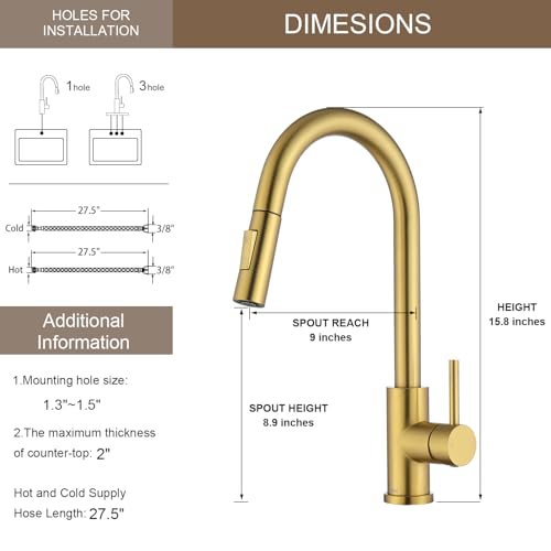 Tohlar Gold Kitchen Faucet with Pull Down Sprayer and Deck Plate - color: Brushed Gold, style: Standard