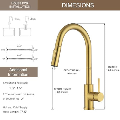 Tohlar Gold Kitchen Faucet with Pull Down Sprayer and Deck Plate - color: Brushed Gold, style: Standard