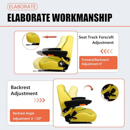 Universal Tractor Seat, Zero Turn Mower Seat with Adjustable Safety Belt Armrest Backrest Micro Switch for John Deere ZTR Forklift Skid Steer Loader Telehandler Dozer Excavator