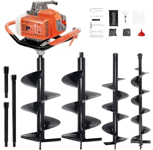 72CC 2-Stroke Gas Powered Post Hole Digger - color: 4" & 6" & 8" Auger Bits + 8“ & 12" & 20" Ext Rod