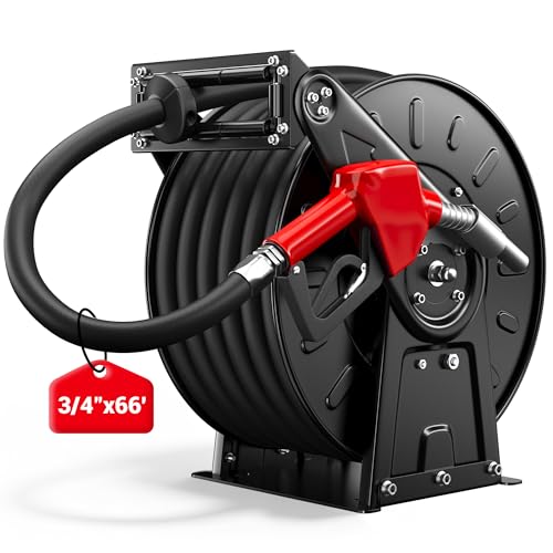 Fuel Hose Reel, 3/4" NPT × 66 FT Extra Long Retractable Diesel Hose Reel, Heavy-Duty Carbon Steel Construction with Auto Fuel Nozzle, 300 PSI, Swivel Steel Construction Reel For Plane Ship Vehicle - size: 20M