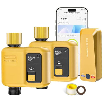 WiFi Water Timer 1 Zone for Garden Hose, 2-Pack | Smart Hose Sprinkler Timer with 984ft RF Range, APP/Voice Control, Rain Delay, Automatic/Manual Irrigation, Yellow - size: 2 Pcs