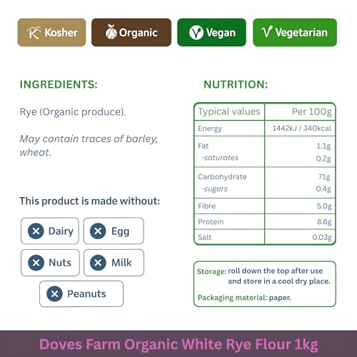 Doves Farm Organic White Rye Flour 2.2 lb (1 kg) - Ancient Grain Light Rye Flour for All British Baking: Breads, Sourdoughs, Cakes, Cookies & More | Kosher & Vegan Friendly | Imported From UK - size: 35.27 Ounce (Pack of 1)