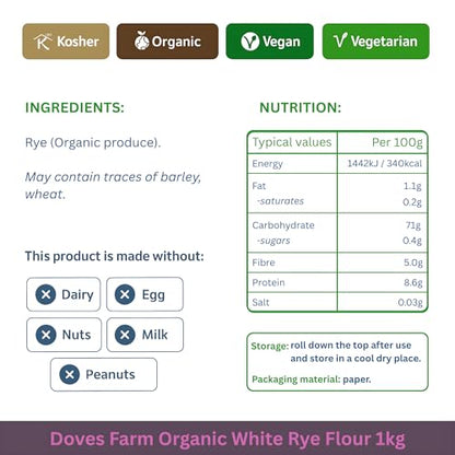Doves Farm Organic White Rye Flour 2.2 lb (1 kg) - Ancient Grain Light Rye Flour for All British Baking: Breads, Sourdoughs, Cakes, Cookies & More | Kosher & Vegan Friendly | Imported From UK - size: 35.27 Ounce (Pack of 1)
