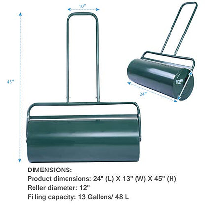 S AFSTAR Lawn Roller, Push Tow Behind Sod Roller with U Shaped Handle, Water and Sand Filled Garden Drum Roller for Planting, Seeding, Eliminating Turf Damage (13 by 24-inch/ 13 Gal) - color: Green, size: 13 by 24-inch/ 13 Gal