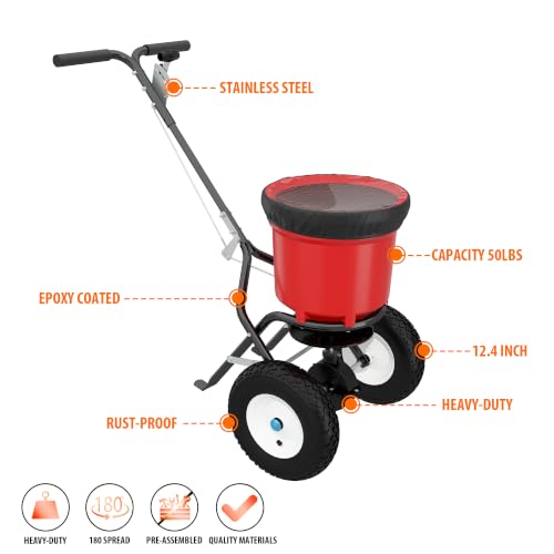 MOUMON 50LBS Push Broadcast Fertilizer Spreader, Walk-Behind Garden Seeder