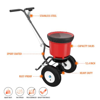 MOUMON 50LBS Push Broadcast Fertilizer Spreader, Walk-Behind Garden Seeder