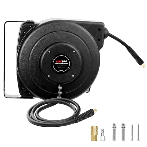 Retractable Air Hose Reel, 1/4 IN x 45 FT Hybrid Air Hose Max 300 PSI, Air compressor hose reel with 5 ft Lead in, Ceiling/Wall Mounted air hose reel,Heavy Duty air tool