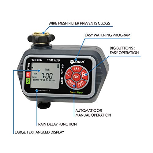 Eden 93411 1-Zone Digital Water Timer with LCD Display - Programmable Sprinkler System Manual Watering Rain Delay and Moisture Sensor Compatibility - size: 1 Zone