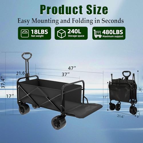 Collapsible Wagon Cart Foldable with Tailgate, 240L 480lbs Capacity, Heavy Duty Beach Wagon with Wheels Brake, Shopping Carts for Grocery, Camping, Garden Cart - size: 240L
