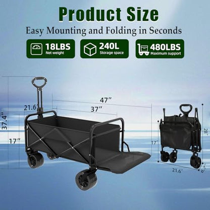 Collapsible Wagon Cart Foldable with Tailgate, 240L 480lbs Capacity, Heavy Duty Beach Wagon with Wheels Brake, Shopping Carts for Grocery, Camping, Garden Cart - size: 240L