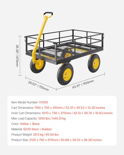VEVOR 1200 Lbs Steel Garden Cart, Heavy Duty Pullable Garden Wagon Yard Cart, 2 in 1 Outdoor Metal Utility Wagon Yard Trailer with 13" All Terrain Tires, Mesh Removable Sides and 180°Rotating Handle - color: Black+yellow