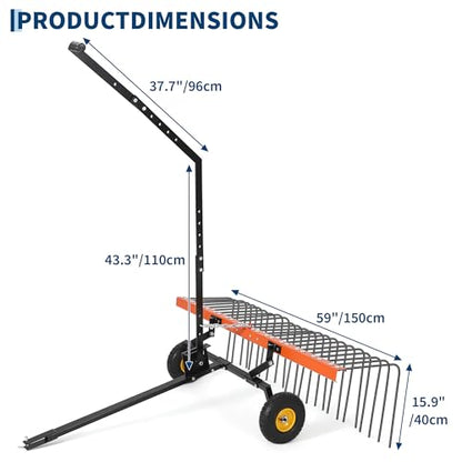 60 Inch Tow Behind Lawn Dethatcher, Tow Behind Steel Pine Straw Rake - color: Orange