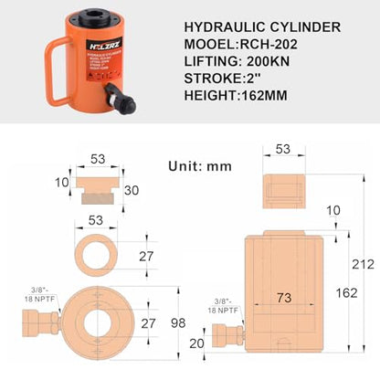 HZLZRZ 20T Hydraulic Cylinder Jack Hollow Single Acting Hydraulic Ram Cylinder, Hydraulic Lifting Cylinders 2"(50mm) and Porta Power Kit(RCH-202) - style: RCH-202