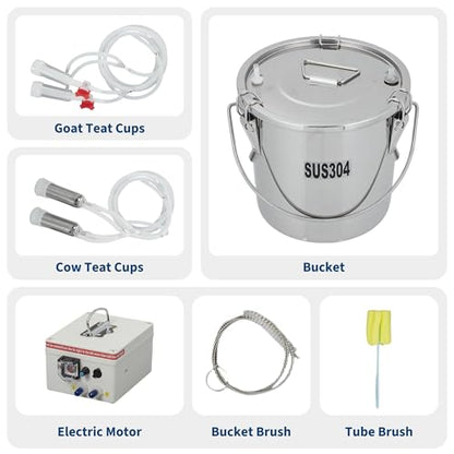 Electric Milking Machine for Cows & Goats – 12L Stainless Steel Bucket, Automatic Pulsation, 4 Teat Cups, Portable Rechargeable Milker, Adjustable Suction, Built-in 12V 8000mAh Battery, US - size: 12L