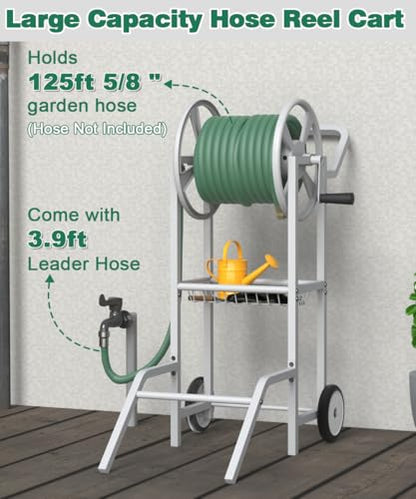 Artigarden Hose Reel Cart with 2 Wheels, Garden Water Hose Holder Heavy Duty Powder Coated Steel Outdoor Winder Storage Holds 125 ft 5/8" Hoses with Basket and 3.9ft Leader Hose for Backyard, White - color: White