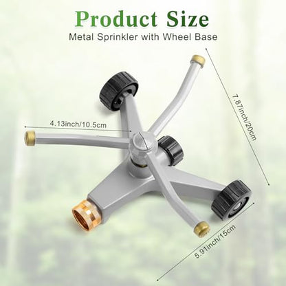 2 Pcs Metal Rotary Lawn Sprinkler 3 Arm Heavy Duty 360 Degree Automatic Revolving Whirling Water Sprinkler with Wheeled Base for Lawn Yard Garden Backyard, Cover up to 538 sq ft (Grey)