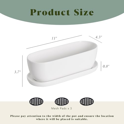 E-liu 11 Inch Oval Ceramic Planter Pot with Drainage Hole Saucers - color: White, size: 11 inch Single