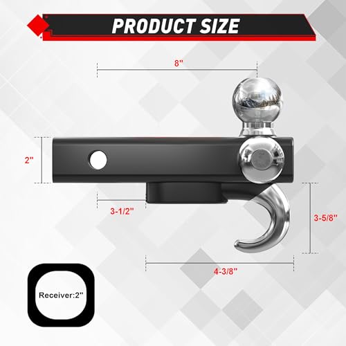 TYT Trailer Hitch Tri Ball Mount with Tow Hook,Fits 2 inch Receiver,1-7/8", 2", 2-5/16"Ball,10,000 lbs GTW,1,000 lbs TW,with Hitch pin - size: Tri-Ball with Hook 2
