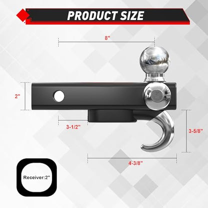 TYT Trailer Hitch Tri Ball Mount with Tow Hook,Fits 2 inch Receiver,1-7/8", 2", 2-5/16"Ball,10,000 lbs GTW,1,000 lbs TW,with Hitch pin - size: Tri-Ball with Hook 2