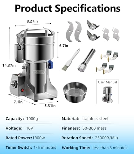 Electric Grain Mill 1000g Flour Mill Home for Wheat Corn Rice Herbs Spices - size: 1000g