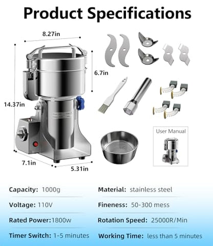 Electric Grain Mill 1000g Flour Mill Home for Wheat Corn Rice Herbs Spices - size: 1000g