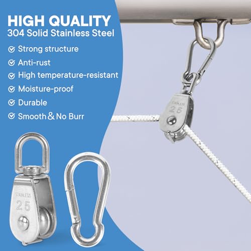2X 304 Stainless Steel M25 Single Swivel Rope Pulley Blocks with Snap Hooks - size: M25-2pcs