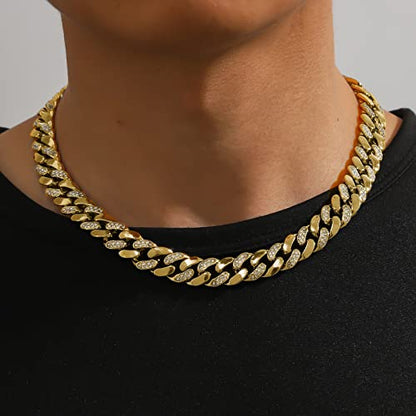 JUNVirtuous Cuban Link Chain Mens Iced Out Miami Cuban Necklace Silver/Gold Bling Diamond Hip Hop Jewelry for Women - color: 20 inch Gold Necklace Style 2