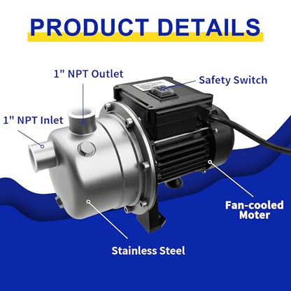 LANCHEZ 1/2 HP Shallow Well Pump, 1200 GPH Stainless Steel Garden Irrigation Pump, 115V Water Transfer Pump, Water Booster Jet Pump for Home Garden Lawn Farm, Black - color: Black