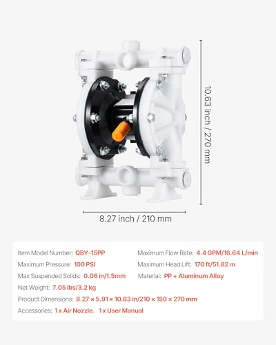VEVOR Air Operated Double Diaphragm Pump, 4.4 GPM, 1-1/2 inch Inlet & Outlet Pneumatic Waste Oil Transfer Pump, Max 100 PSI, Polypropylene Body, Air-Operated for Diesel, Grease, Kerosene, Gasoline - style: 1-1/2 inch 4.4GPM Polypropylene