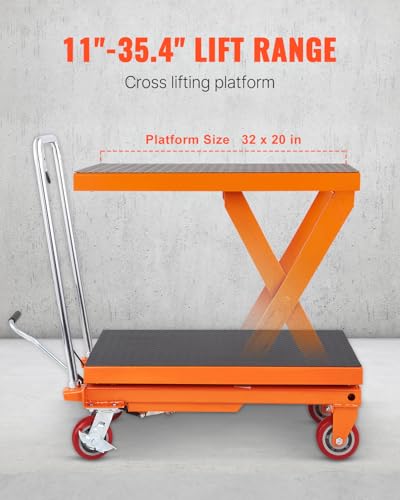 VEVOR 1100 LBS Hydraulic Lift Table Cart with 11"-35.4" Lift Range, Hydraulic Scissor Cart with Non-Slip Pad & 4 Wheels, Manual Single Scissor Lift for Material Handling and Transportation