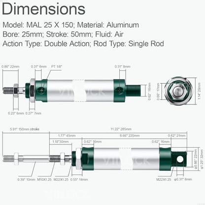 MAL25x150 Mini Air Cylinder 25mm Bore 150mm Stroke Double Acting - size: 25mm x 150mm