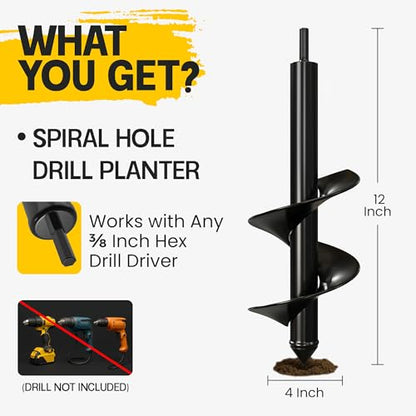 Garden Auger Drill Bit for Planting 4" x 12" - 3/8" Hex Drive Compatible - size: 4 x 12 Inch