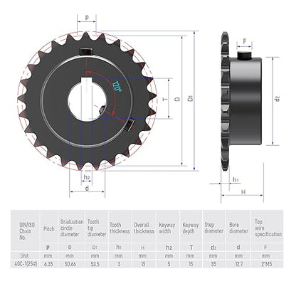 25 Tooth Roller Chain Sprocket, 25 Chain, 1/2" Bore, Kw - size: 25T/12.7(5x2.3)mm keyway