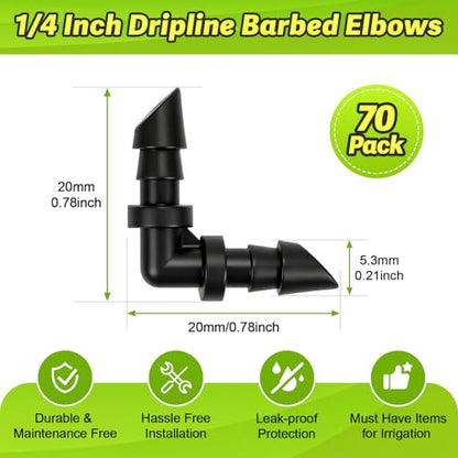 70 Pack 1/4" Drip Irrigation Elbow Fittings：1/4'' Drip Line Double Barbed 90 Degree Elbow Connectors for 1/4 Inch Irrigation Tubing Plastic Micro Fittings for Garden Drip Systems - size: 1/4" Elbow-70P