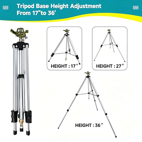 Impact Sprinkler Head on Tripod Base, Heavy Duty Lawn Sprinklers, 360 Degree Large Area Irrigation, Metal Sprinkler Nozzle with Solid Alloy Metal Extension Legs (36in) - size: 36in