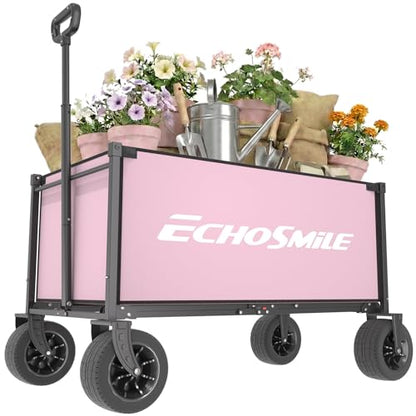 EchoSmile Collapsible Wagon Cart, Heavy Duty 400lbs Capacity, Pink - color: Pink&gray