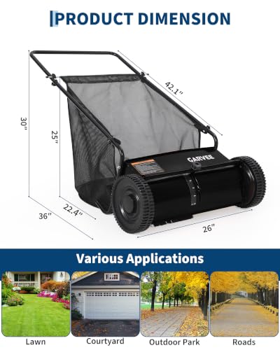26" Push Lawn Sweeper, 7 Cu.Ft. Hopper Bag, Heavy Duty Yard Sweeper - color: Black, size: 26in