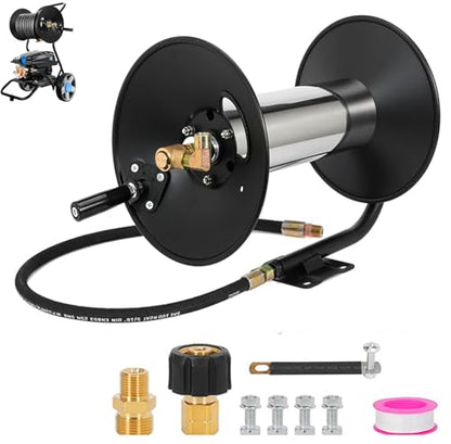 Pressure Washer Hose Reel，100FT Power Washer Hose Reel 3/8" NPT Outlet Pipe Heavy Duty Steel High Pressure Washer Reel 4000 PSI with Hand Crank Swivel Arm