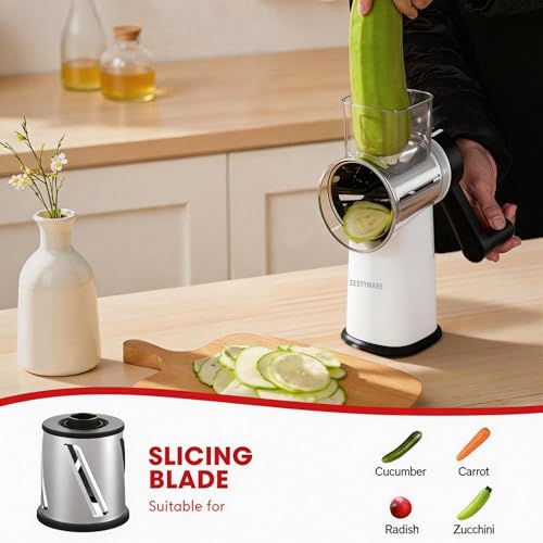 Rotary Cheese Grater Hand Crank with Foldable Handle, Three Blades - color: White