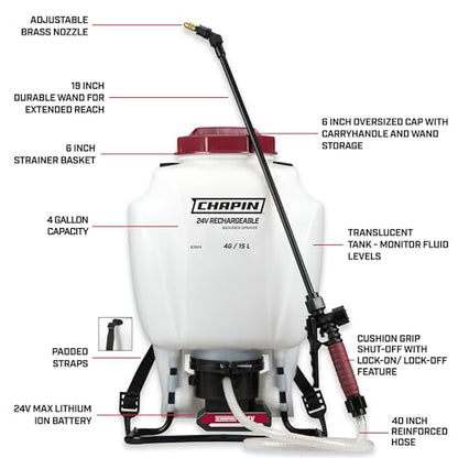 CHAPIN 63924 4-Gallon 24V Battery Backpack Sprayer, 2-Hour Runtime - size: 4 gal