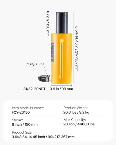 VEVOR Hydraulic Cylinder Jack, 20 Ton Solid Ram Hydraulic Cylinder, 6 Inch Stroke Single Acting Hydraulic Cylinder, with Quick Connector Portable Hydraulic Solid Jack Hydraulic Lifting Cylinders