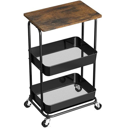 Simple Houseware 2-Tier Utility Cart Wood Top/Lockable Wheel, Rustic Brown - color: Rustic Brown