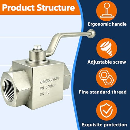 Autovo High Pressure Hydraulic Ball Valve KHB3K 3/8'' NPT,Shut-Off 3 Way Ball Valve,3/8" NPT Hydraulic Valve 7250 PSI - size: SR-KHB3K-3/8NPT-06-US