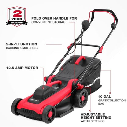 PowerSmart Corded Electric Lawn Mower, 14 Inch, 12.5 Amp, Ergonomic Handle