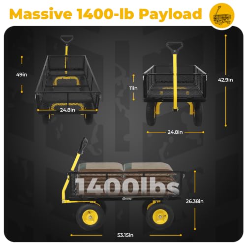 Sekey 1400lbs Heavy Duty Steel Garden Cart for Farm & Construction, 7.7 Cu.Ft. Extra-Large Utility Wagon with Removable Sides, 2-in-1 Towable Handle, 13" Rubber Tires, Black - color: Black, size: 1400LBS