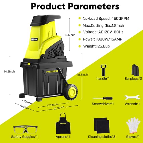 15-Amp Electric Wood Chipper Shredder, 50L Collecting Bag Chipper Shredder, 1.8In Cutting Diameter Electric Wood Chipper with 25:1 Reduction Ratio, Portable Wheels for Yard Waste and Branches, Green - color: Green