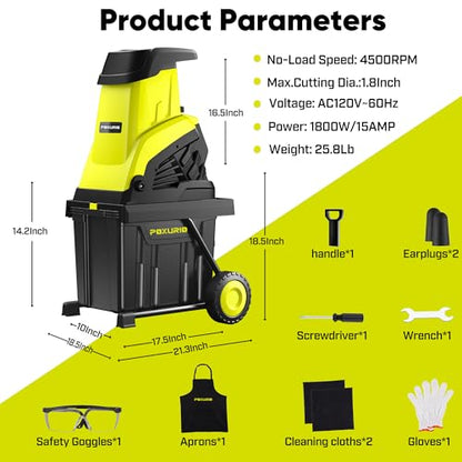 15-Amp Electric Wood Chipper Shredder, 50L Collecting Bag Chipper Shredder, 1.8In Cutting Diameter Electric Wood Chipper with 25:1 Reduction Ratio, Portable Wheels for Yard Waste and Branches, Green - color: Green
