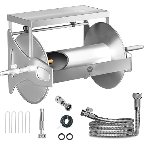 Morvat Stainless Steel Metal Water Hose Reel for 150FT Hose, Retractable Garden Hose Holder with Storage Shelf & Crank, Wall/Floor Mount, Includes 5Ft Leader Hose with ON/OFF Valve & Accessories - style: 150FT Reel